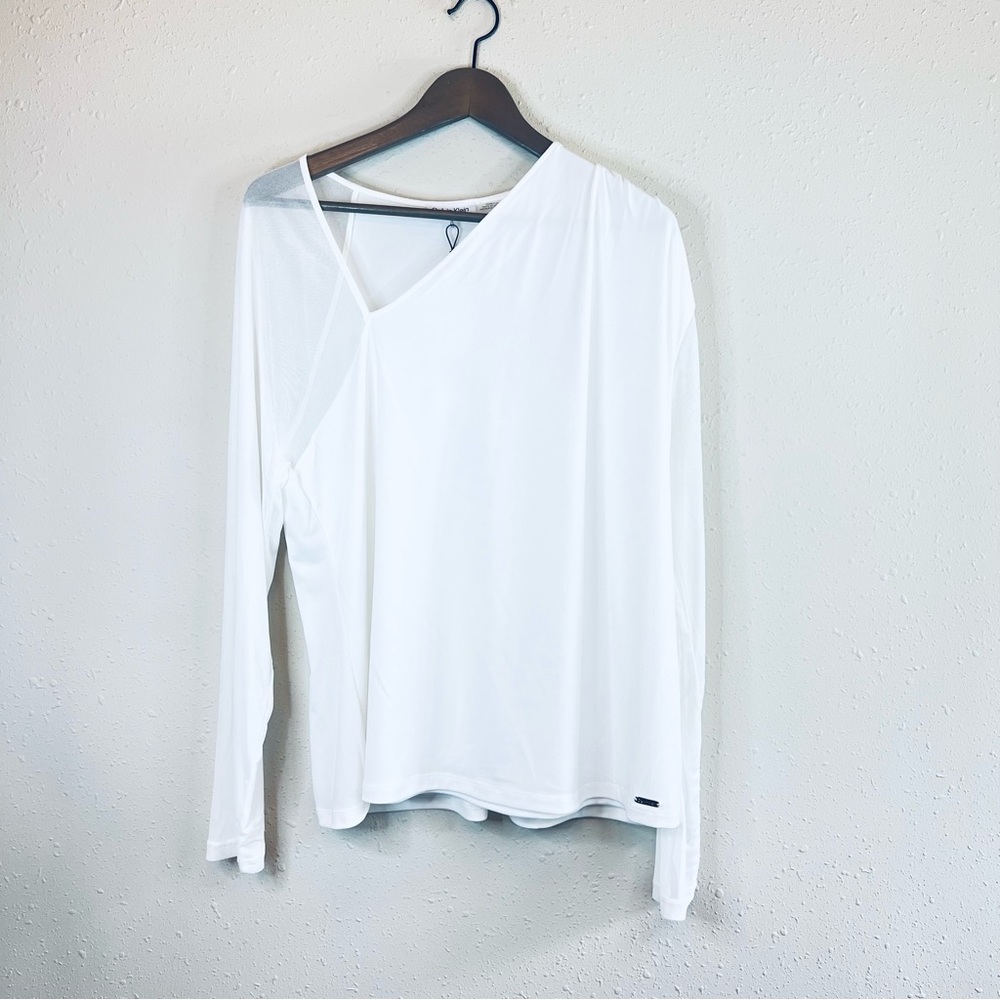 Calvin Klein Women’s Long Mesh Sleeves Drape Neck White Top Size XL NWT